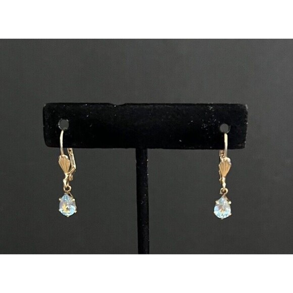 Blue Topaz Teardrop Gold Tone 1" Drop Dangle Leverback Pierced Earrings 1.6 g - Picture 1 of 8